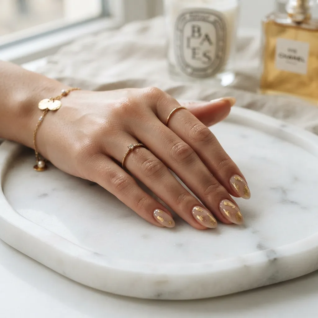Nude Nails with Gold Foil Accents