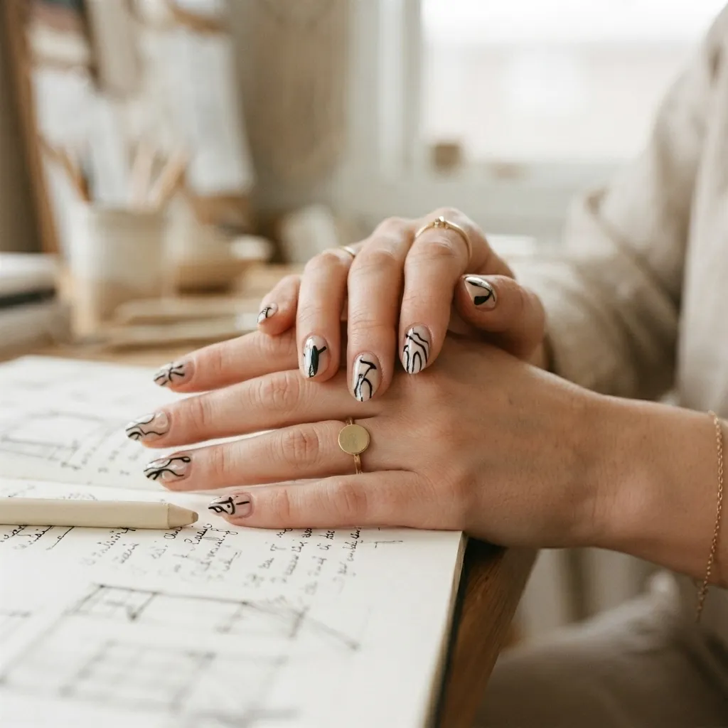 Black and Nude Abstract Nails