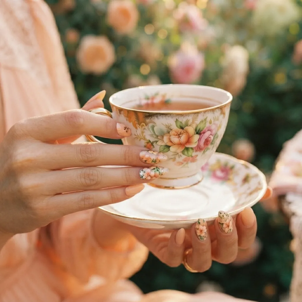 Peachy Floral Nails