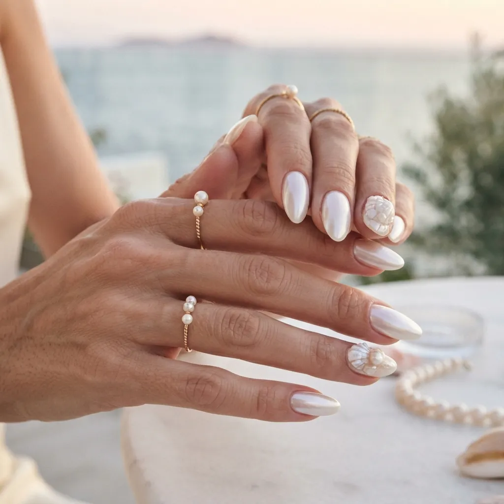 Pearl Seashell Vacation Nails