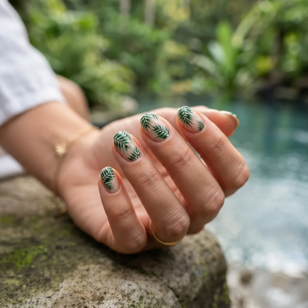Tropical Green Leaf Nails