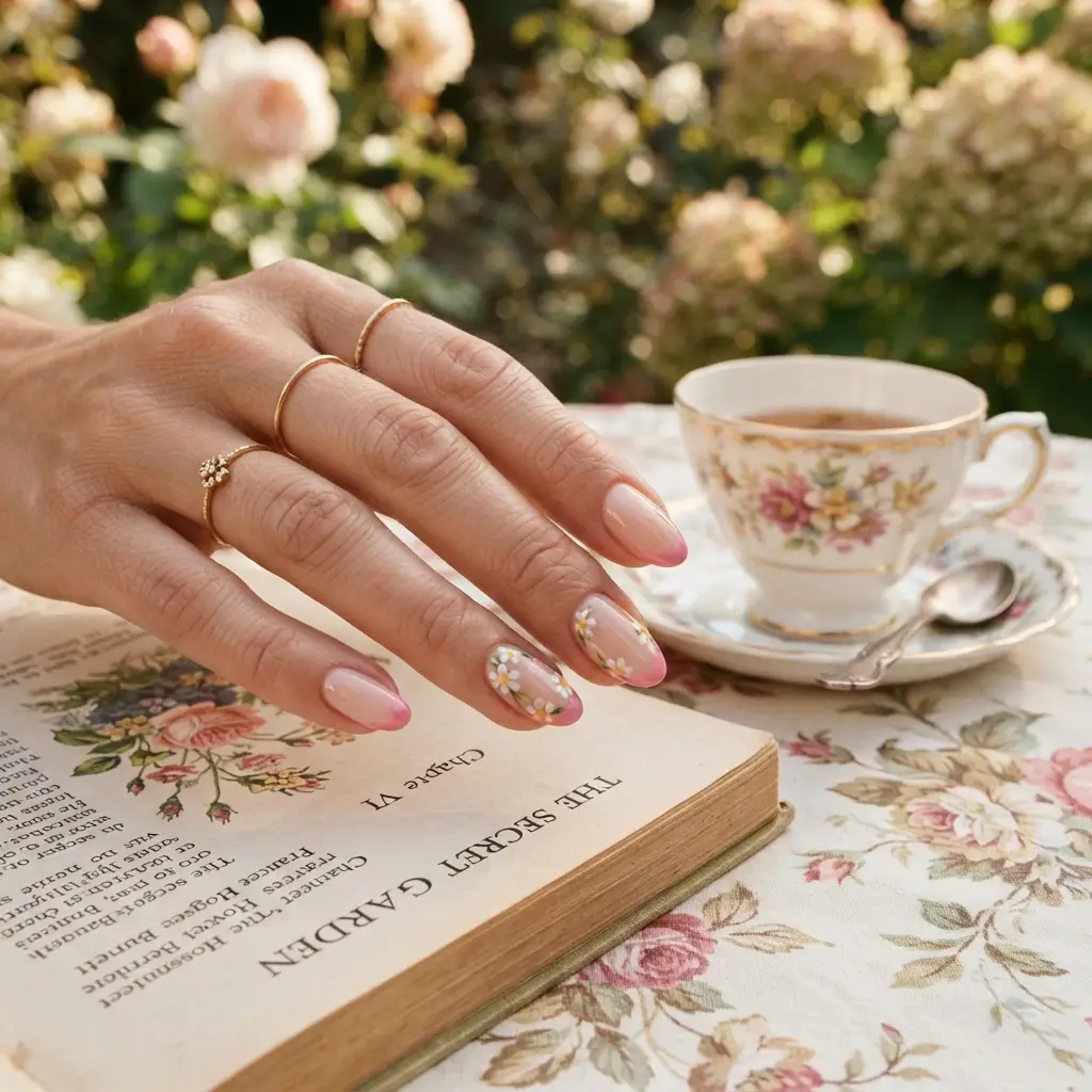 Pink French Tips With Tiny Flowers