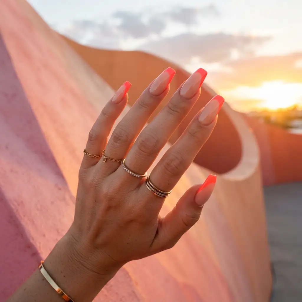 Neon Coral French Tips