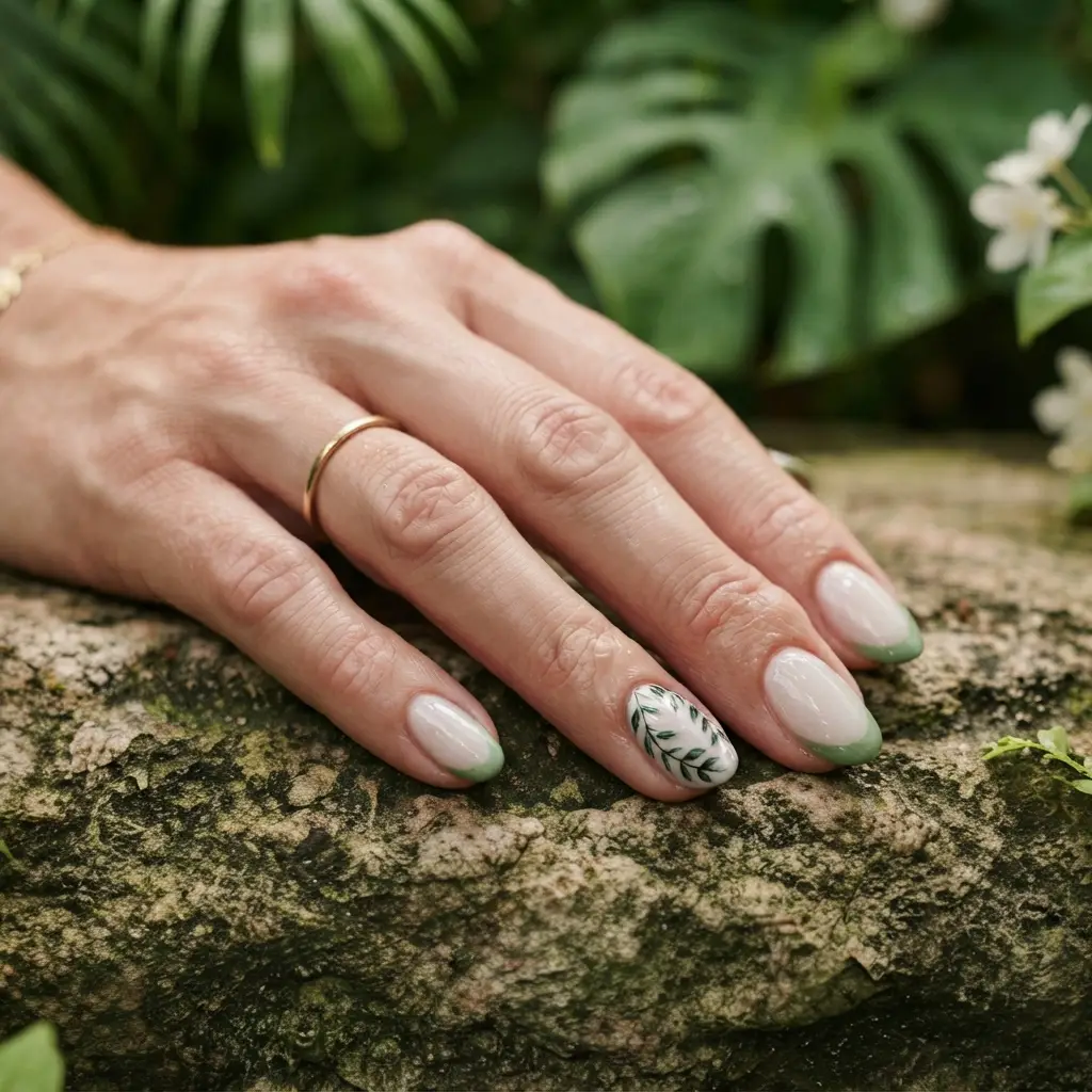 Green French Tips With Leaf Details