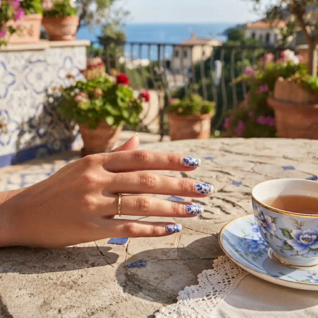 Blue Floral Nails