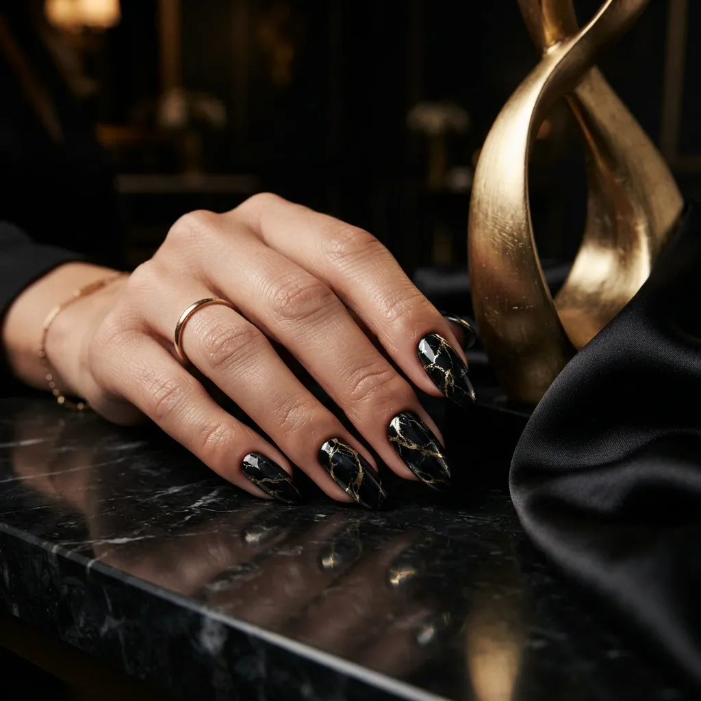 Black and Gold Marble Nails