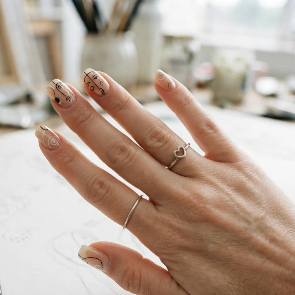 Black and White Line Art Nails