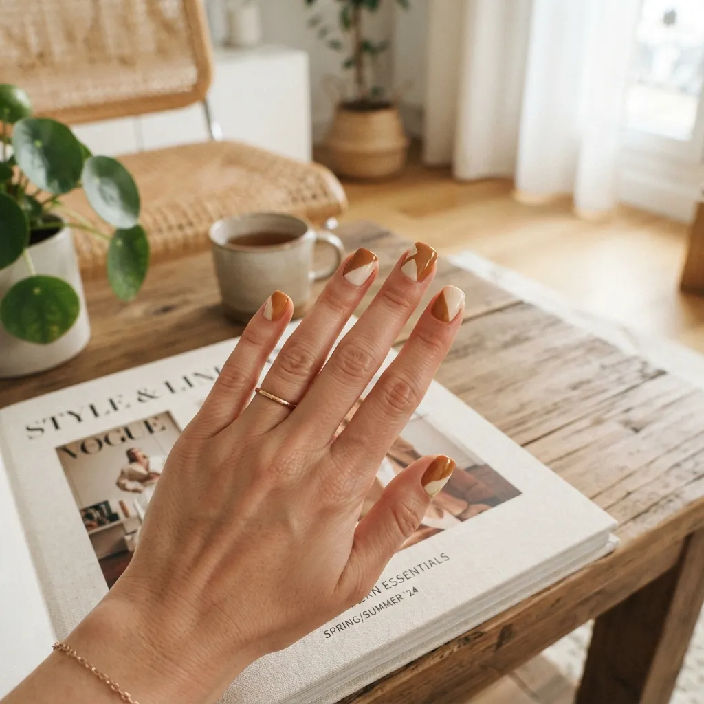 Caramel and Cream Color Block Nails