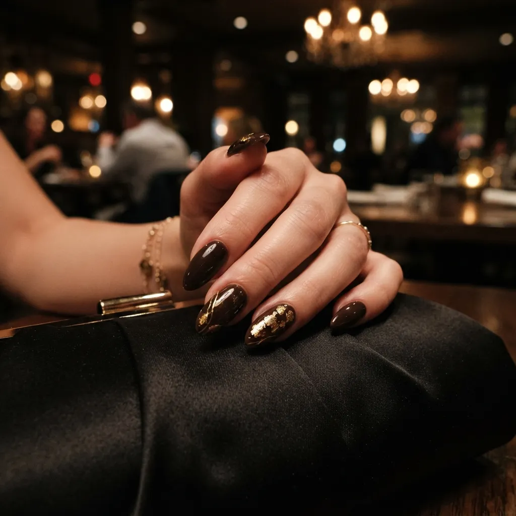 Espresso Brown Nails With Gold Details
