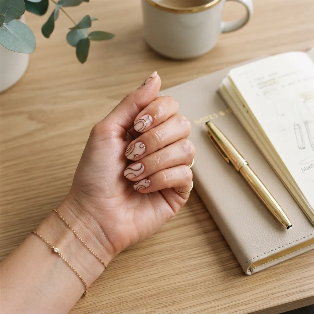 Brown and Nude Abstract Line Nails