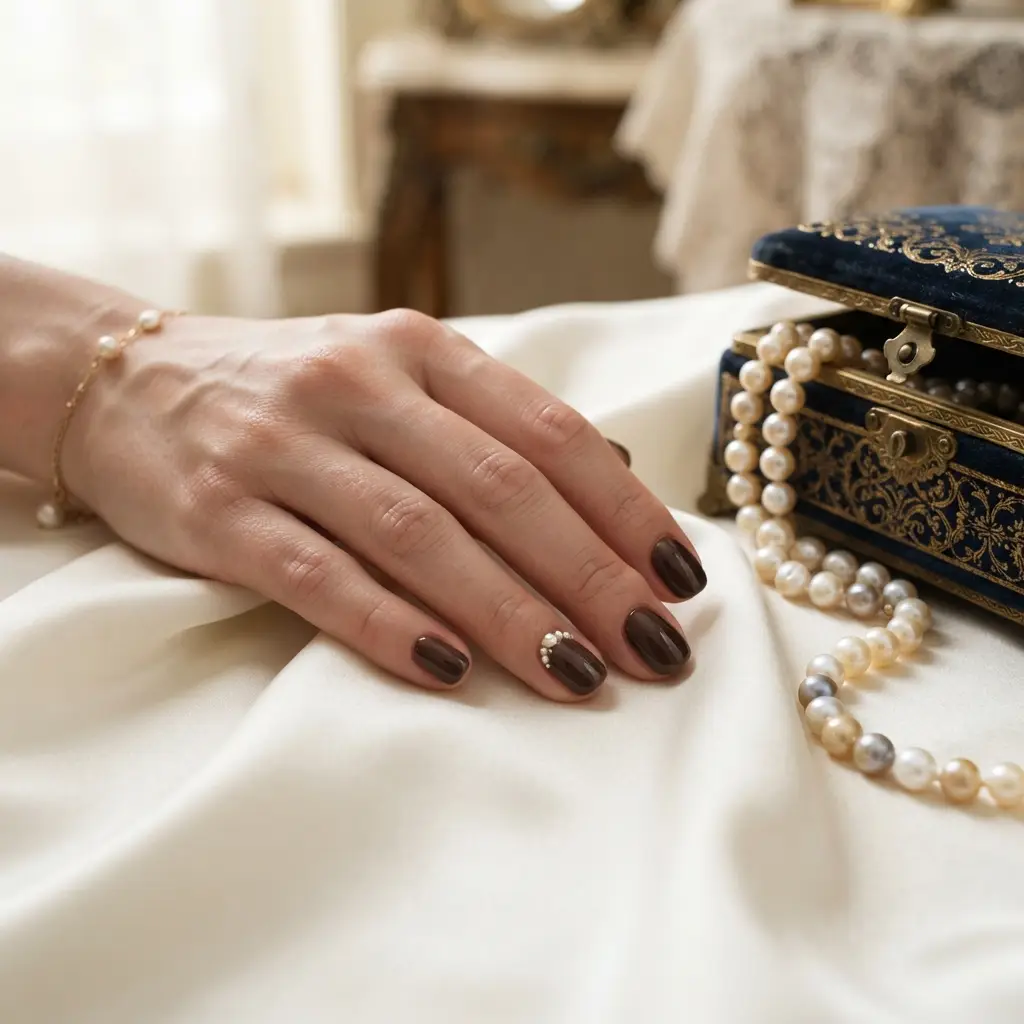 Espresso Brown Nails With Tiny Pearls