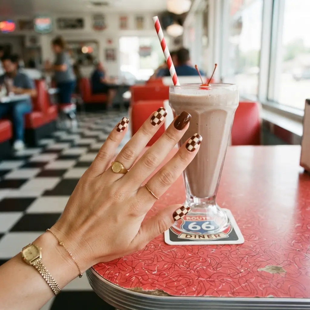 Chocolate and Cream Checkerboard Nails