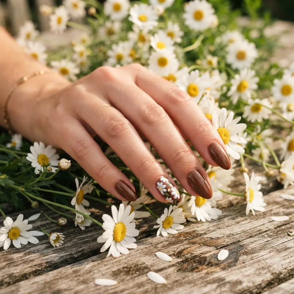 Chocolate Nails With White Daisy Details