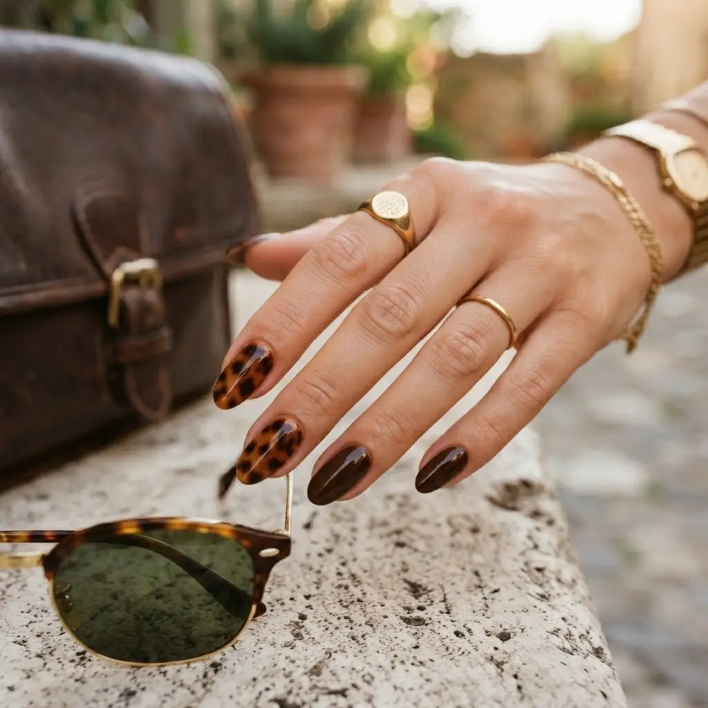 Chocolate Brown Nails With Tortoiseshell Accents