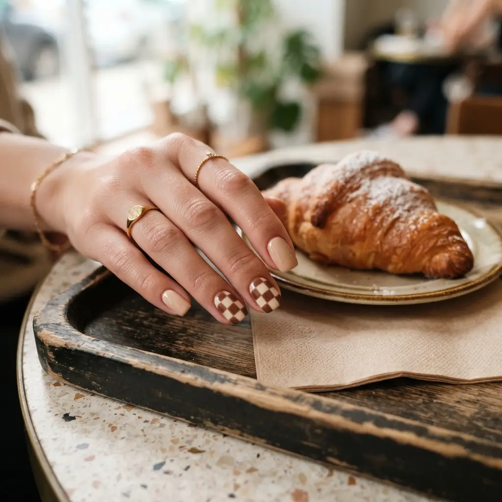 Latte Checker Accent Nails