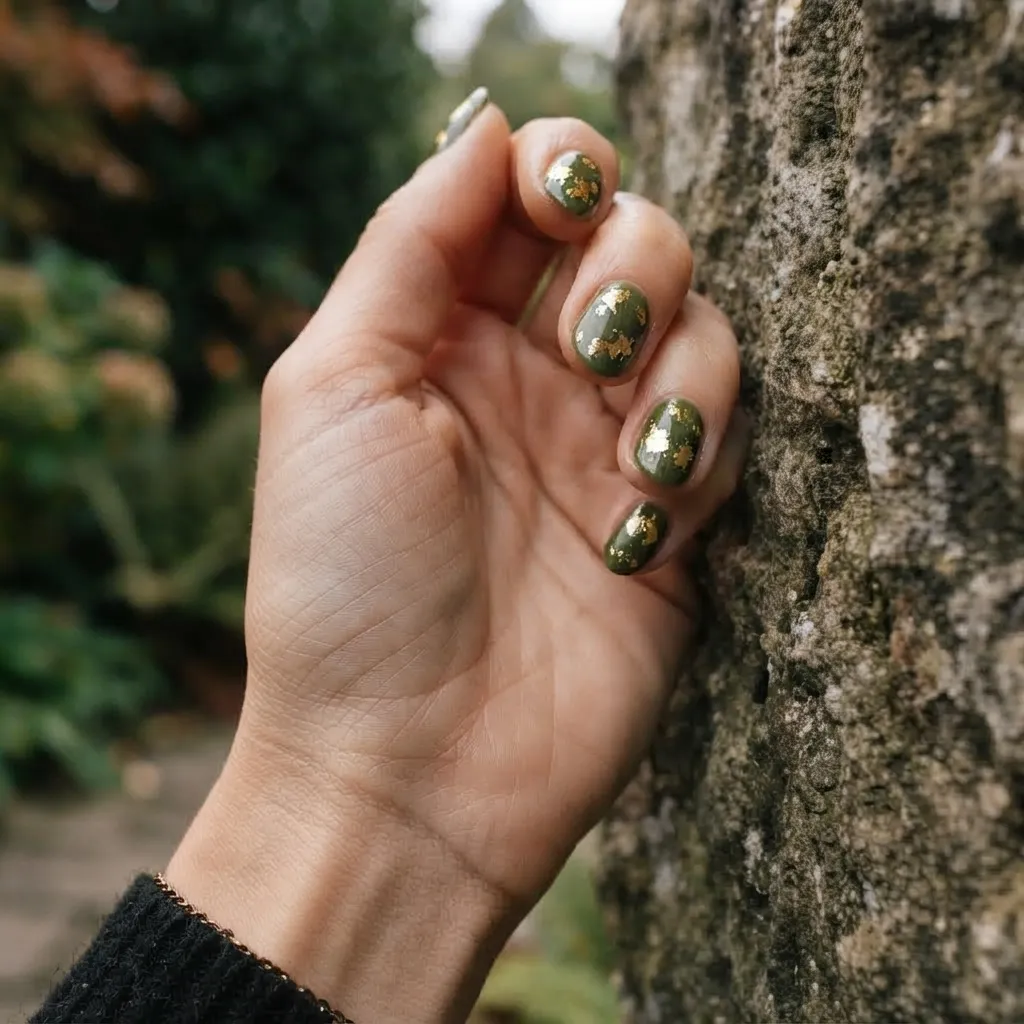 Olive Green Nails With Gold Details