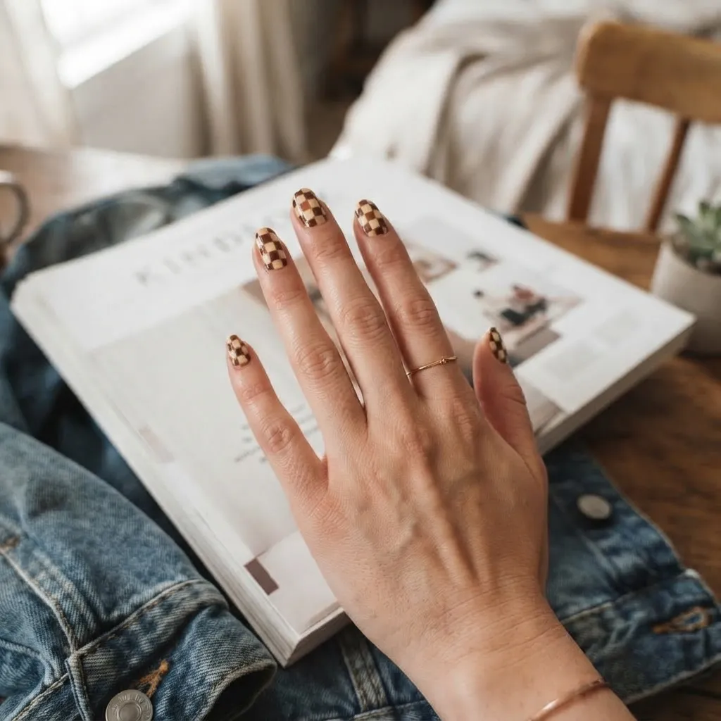 Brown and Cream Checkerboard Nails