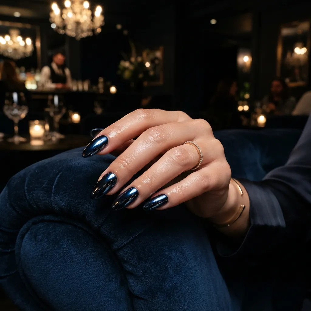Navy Blue Chrome Nails