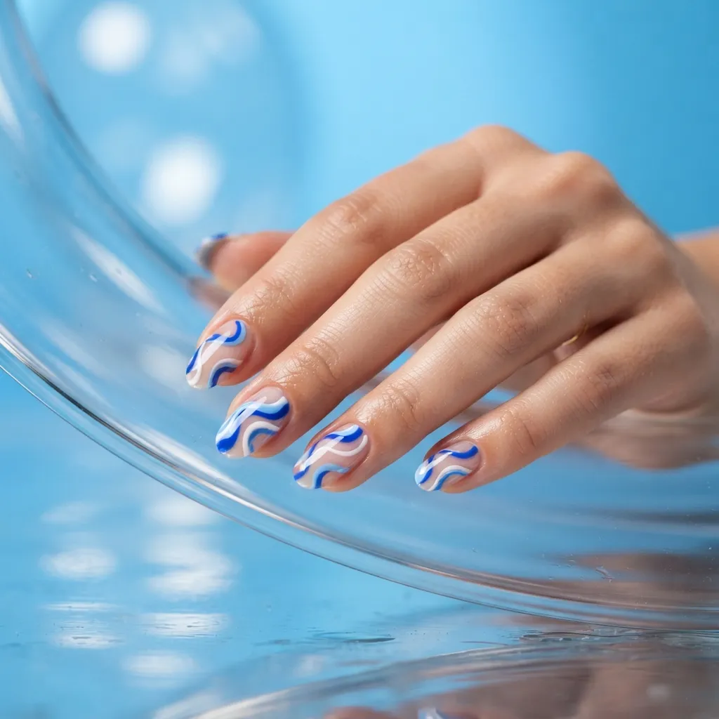 Blue and White Swirl Nails