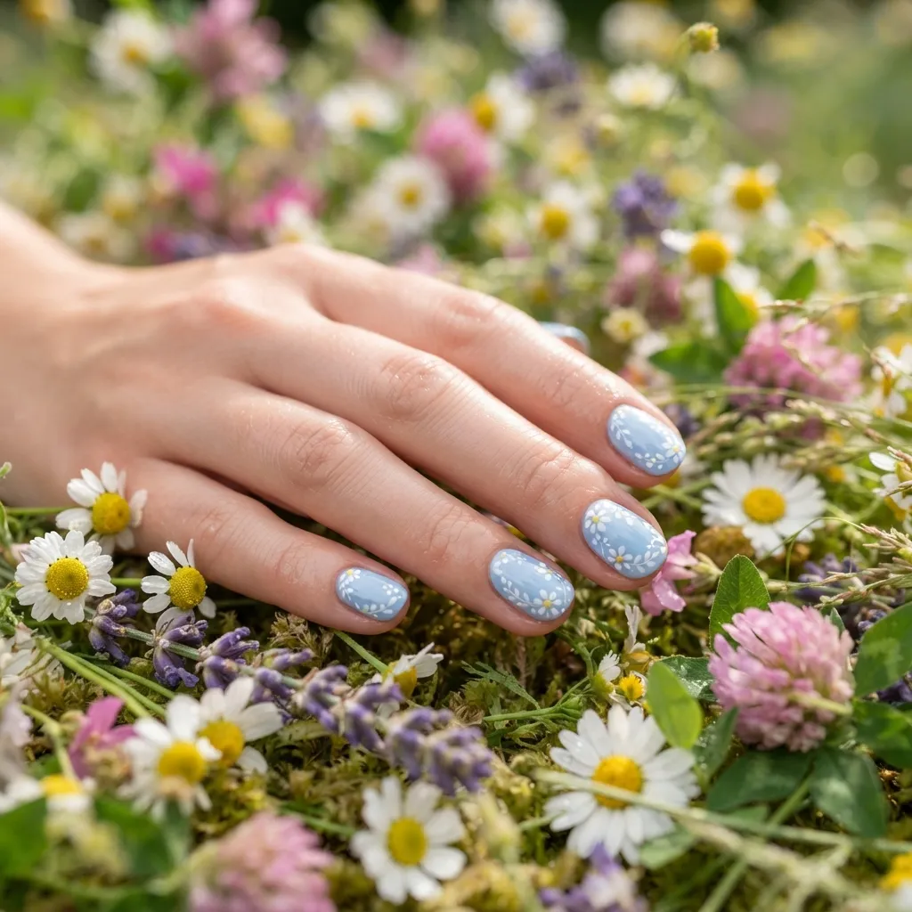 Baby Blue Floral Nails