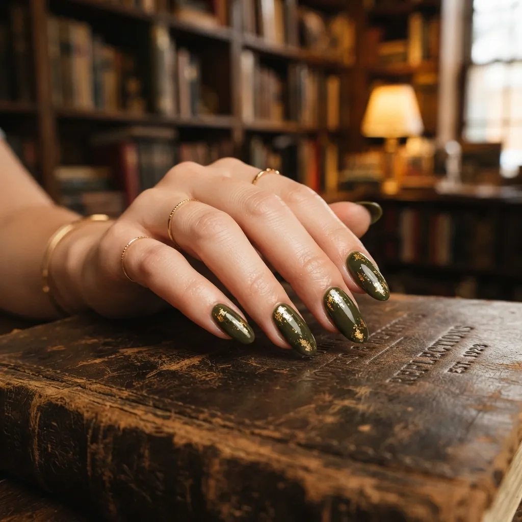 Olive Green Nails With Gold Details