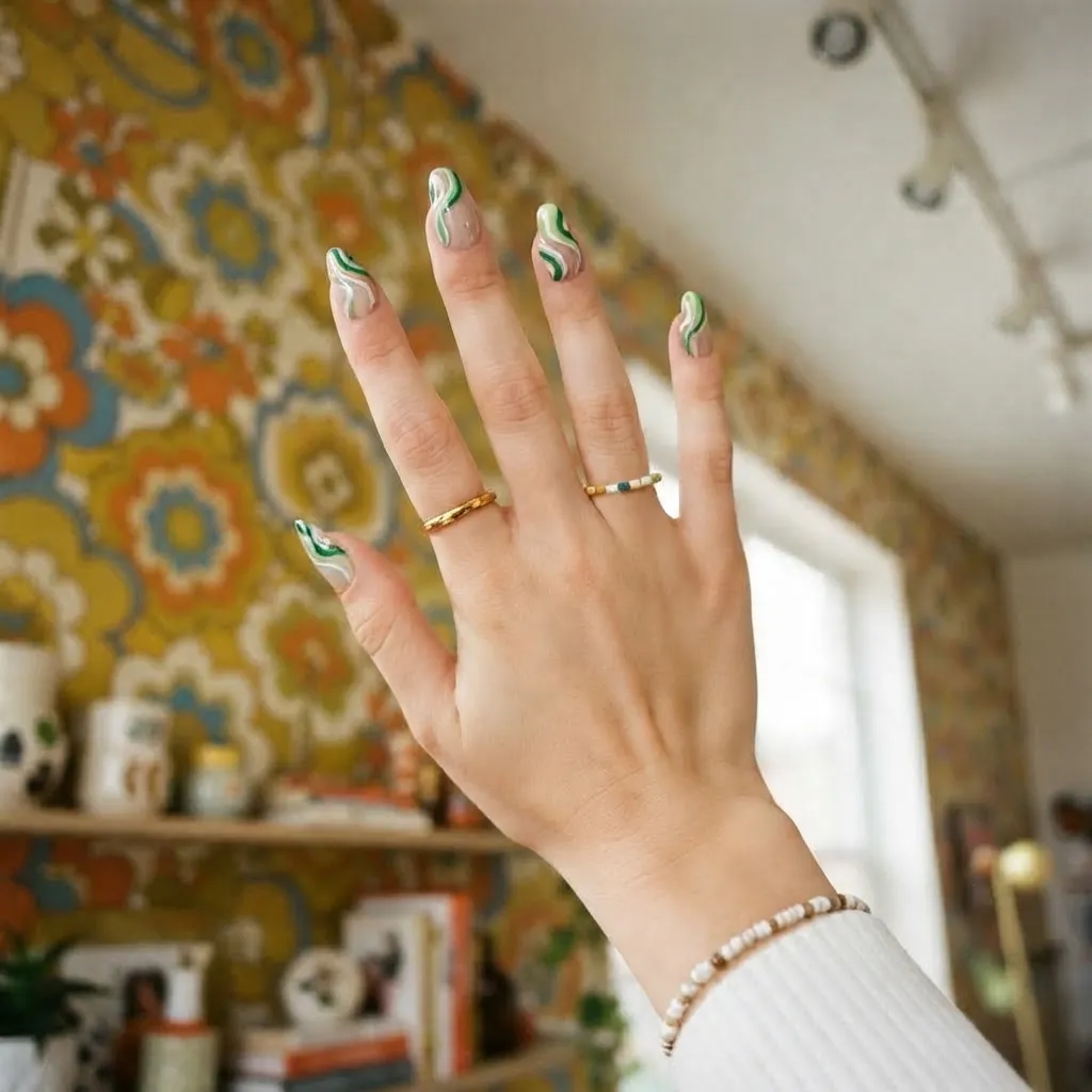 Green and White Swirl Nails
