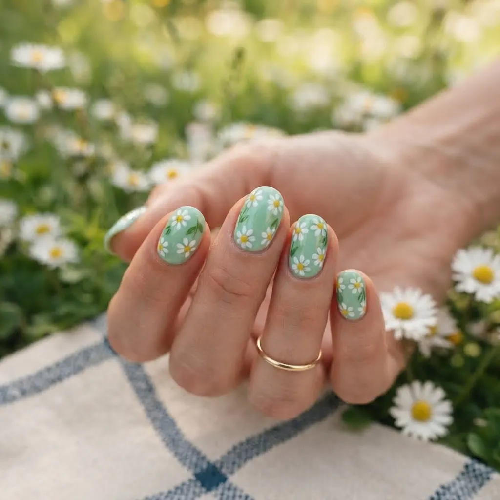 Mint Green Nails With Daisy Details