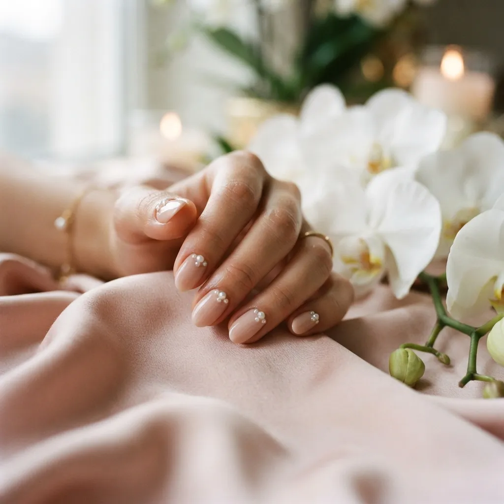 Nude Nails with Delicate Pearl Accents