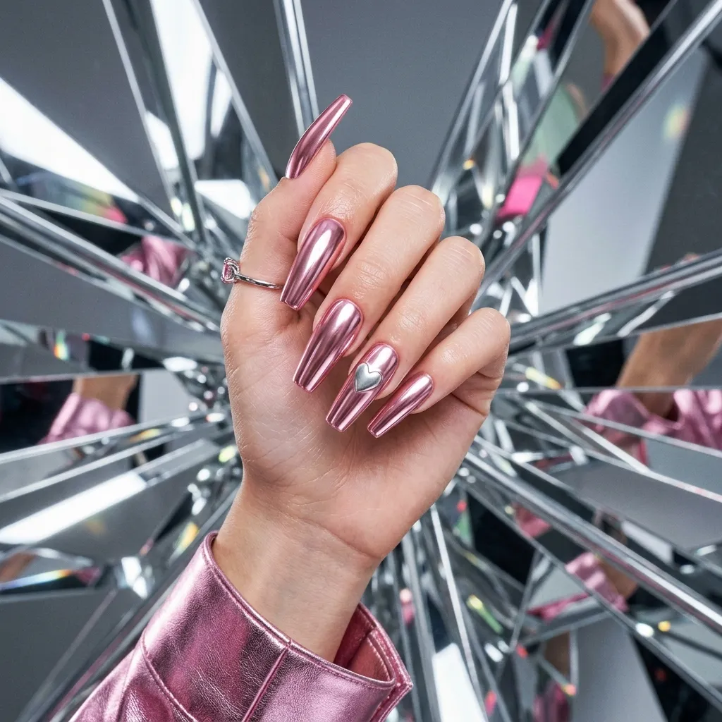 Pink Chrome Valentine Nails