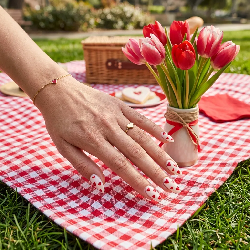 White Nails With Red Hearts