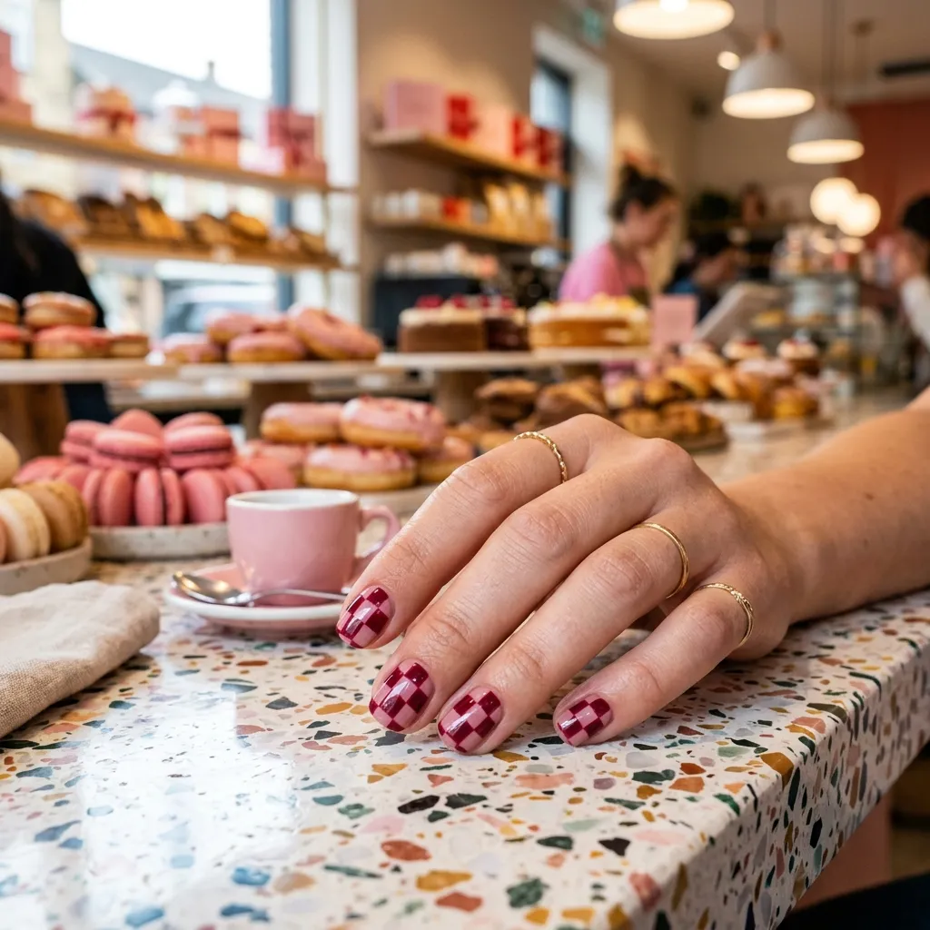 Pink and Red Checkerboard Nails