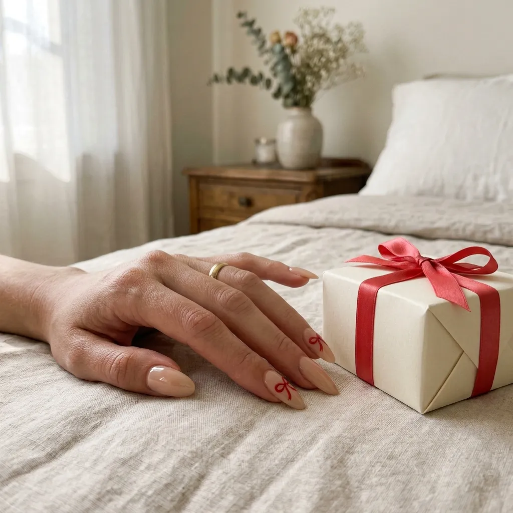 Nude Nails With Tiny Red Bows