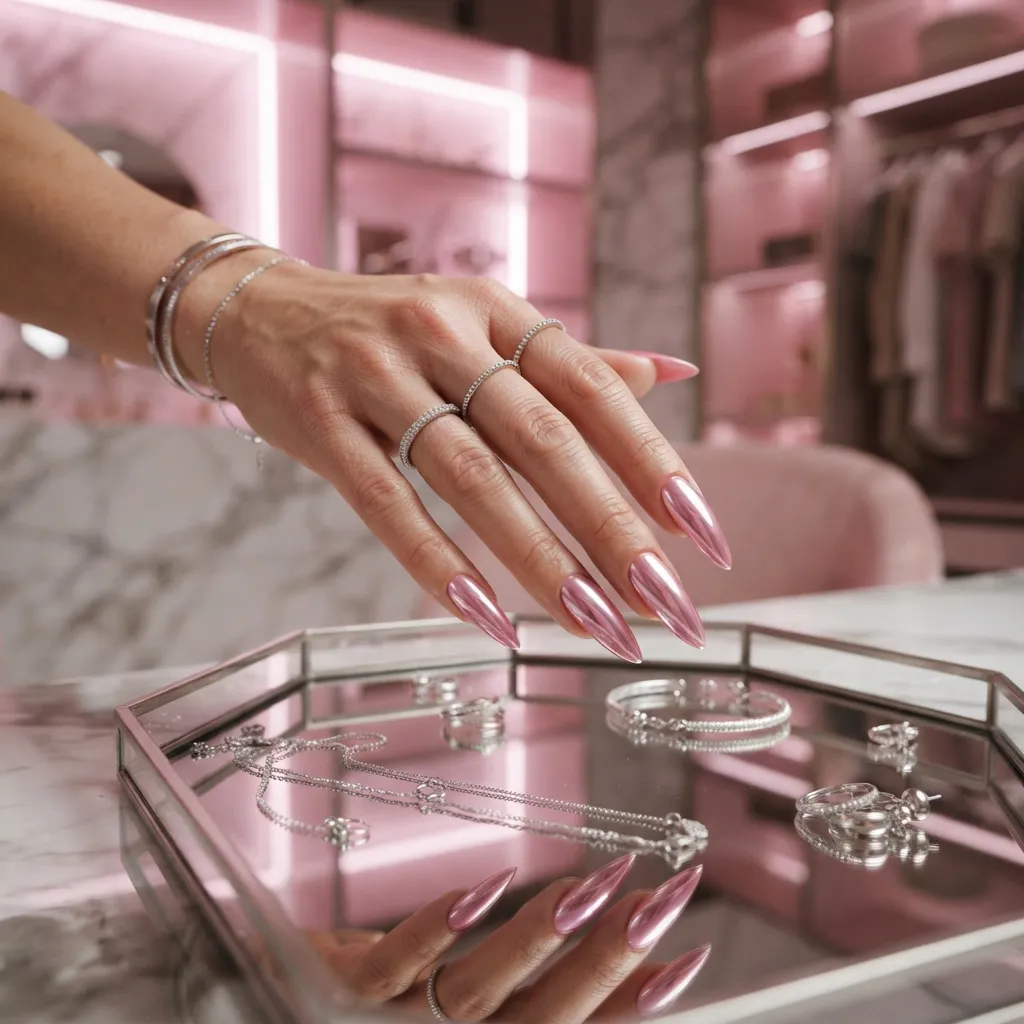 Pink Chrome Acrylic Nails