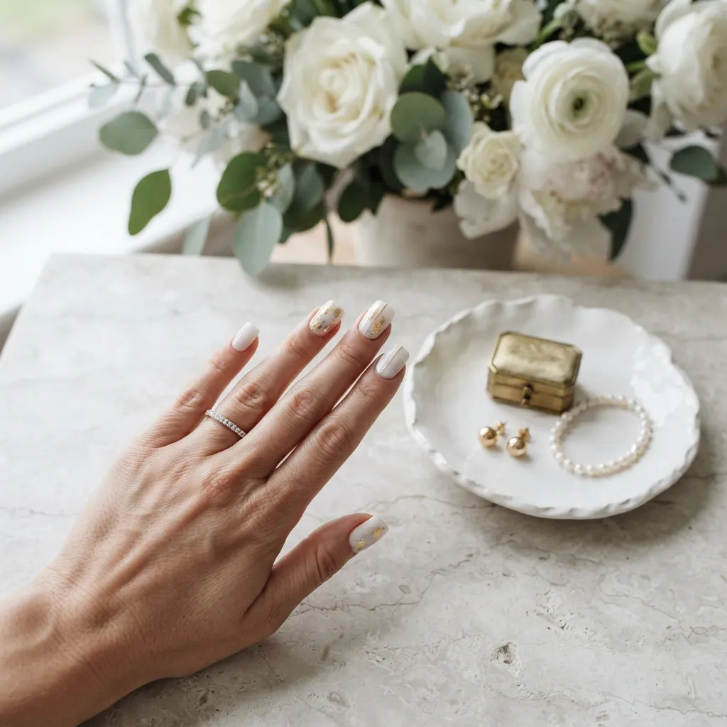 White Acrylic Nails With Gold Details