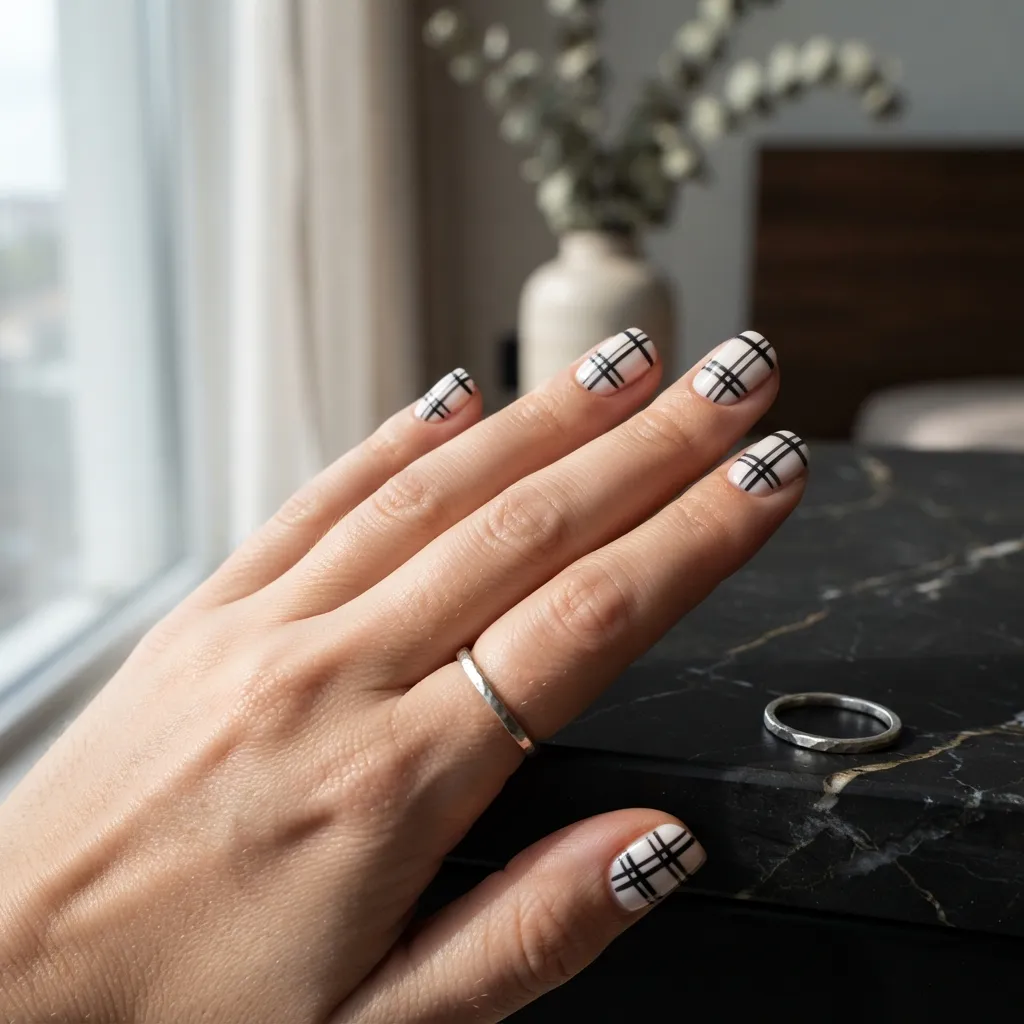 Classic Black and White Plaid Nails