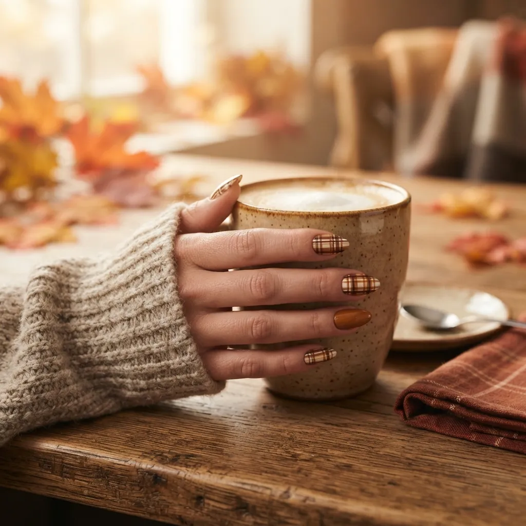 Brown and Cream Plaid Nails