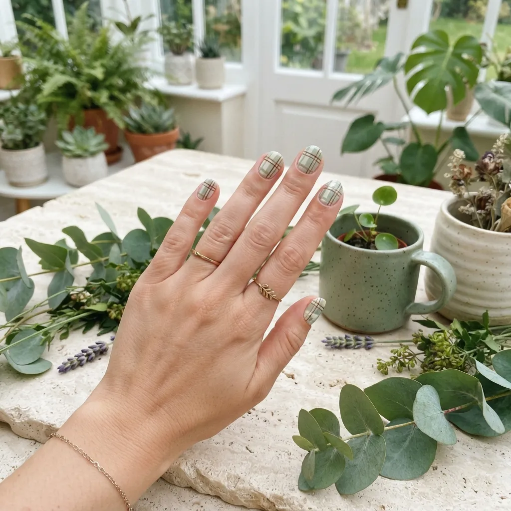 Sage Green Plaid Nails