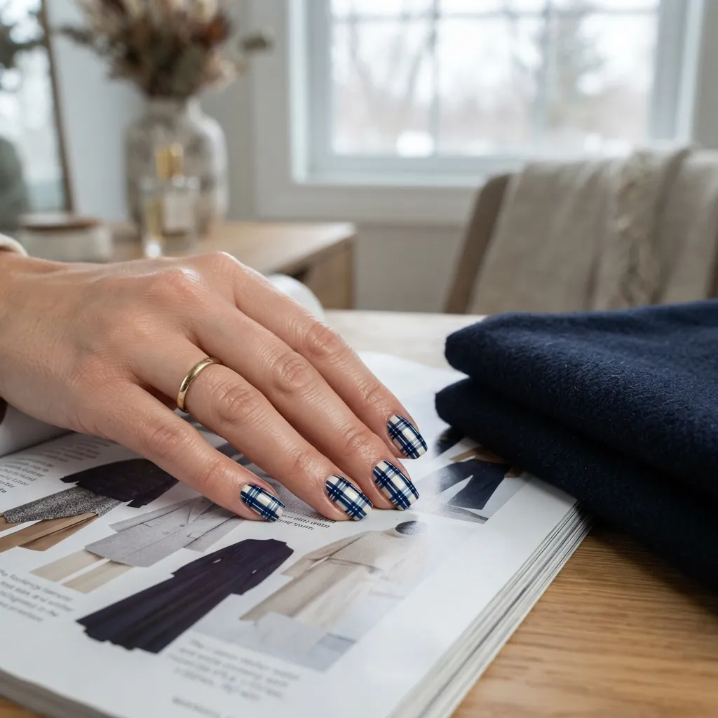 Navy and Cream Plaid Nails
