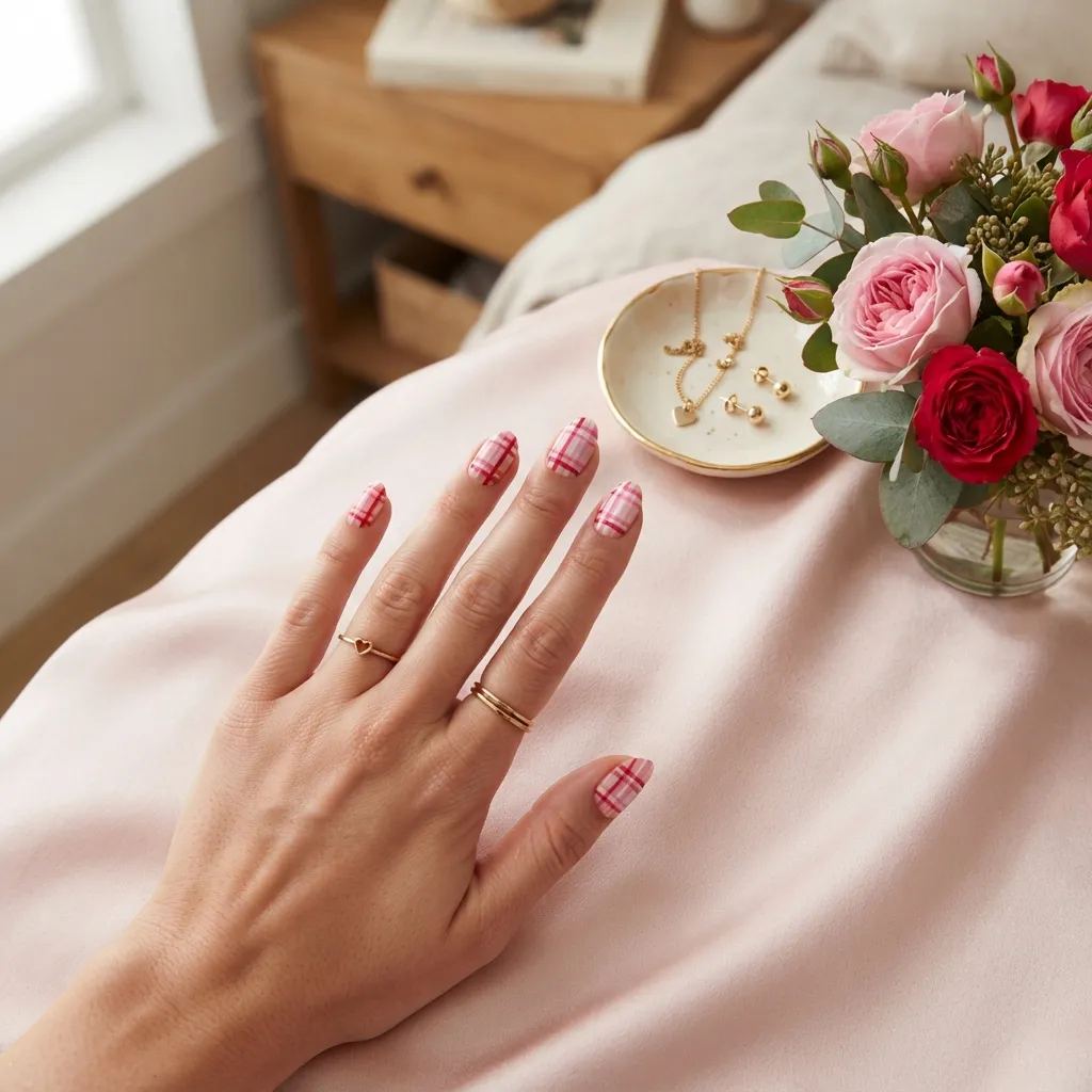 Pink and Red Plaid Nails