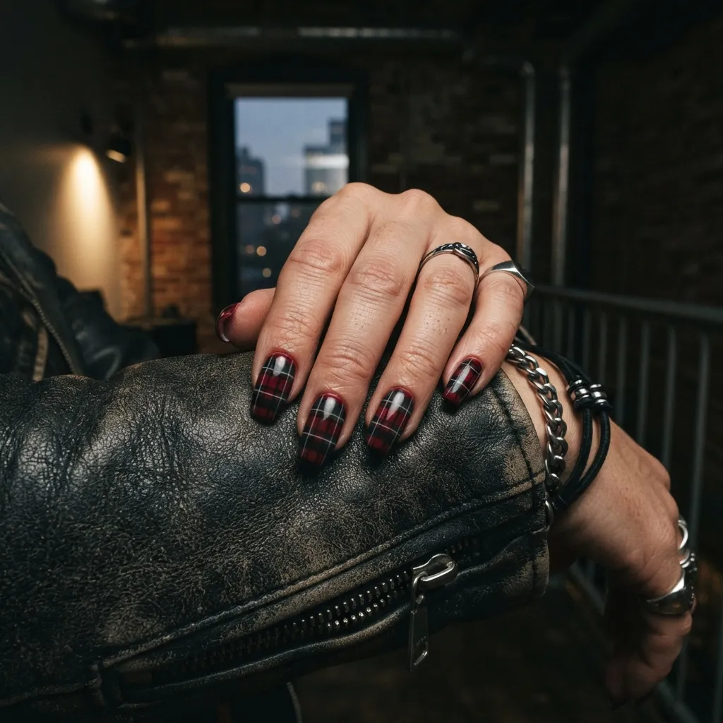 Black and Red Plaid Nails