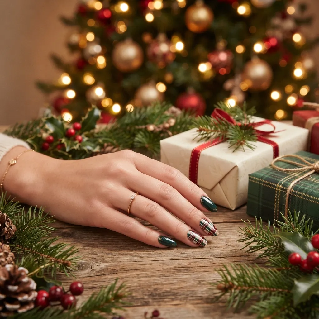 Green and Red Christmas Plaid Nails