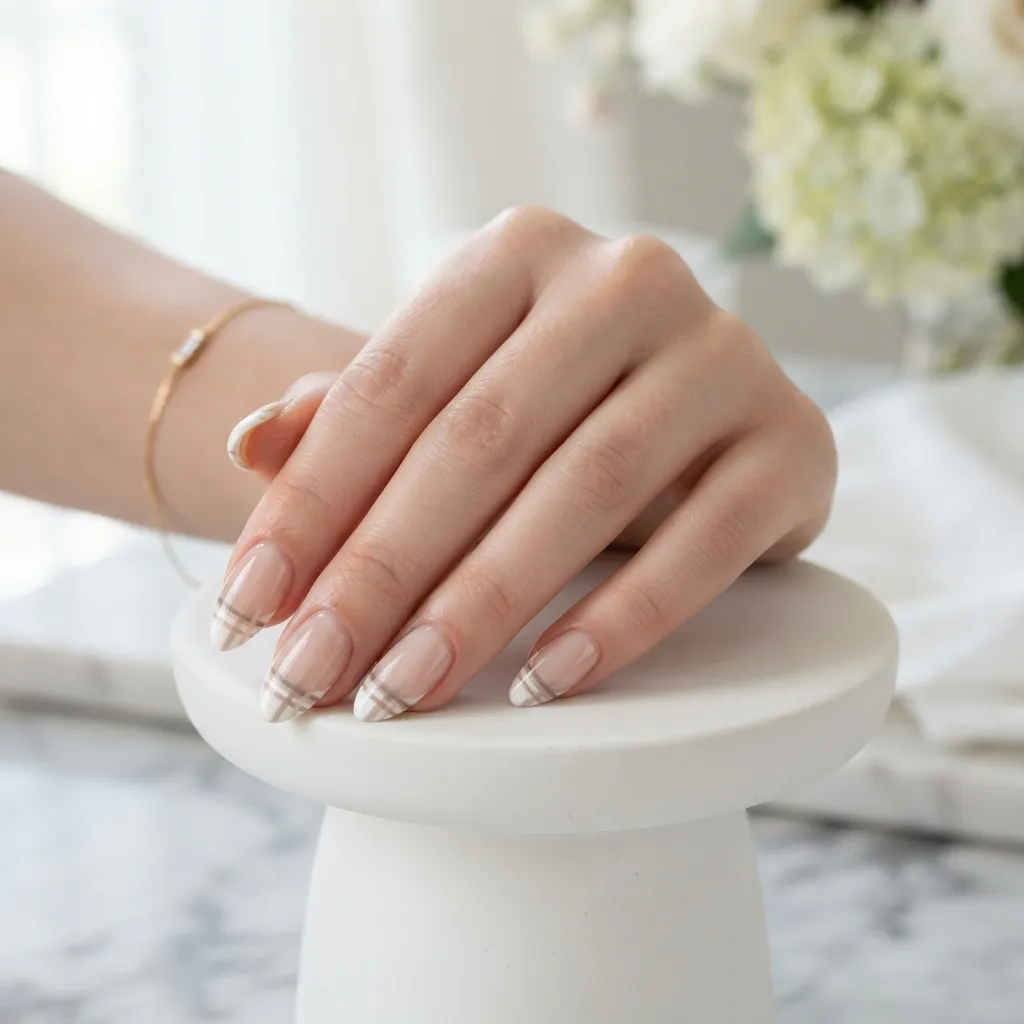 Neutral Plaid French Tips