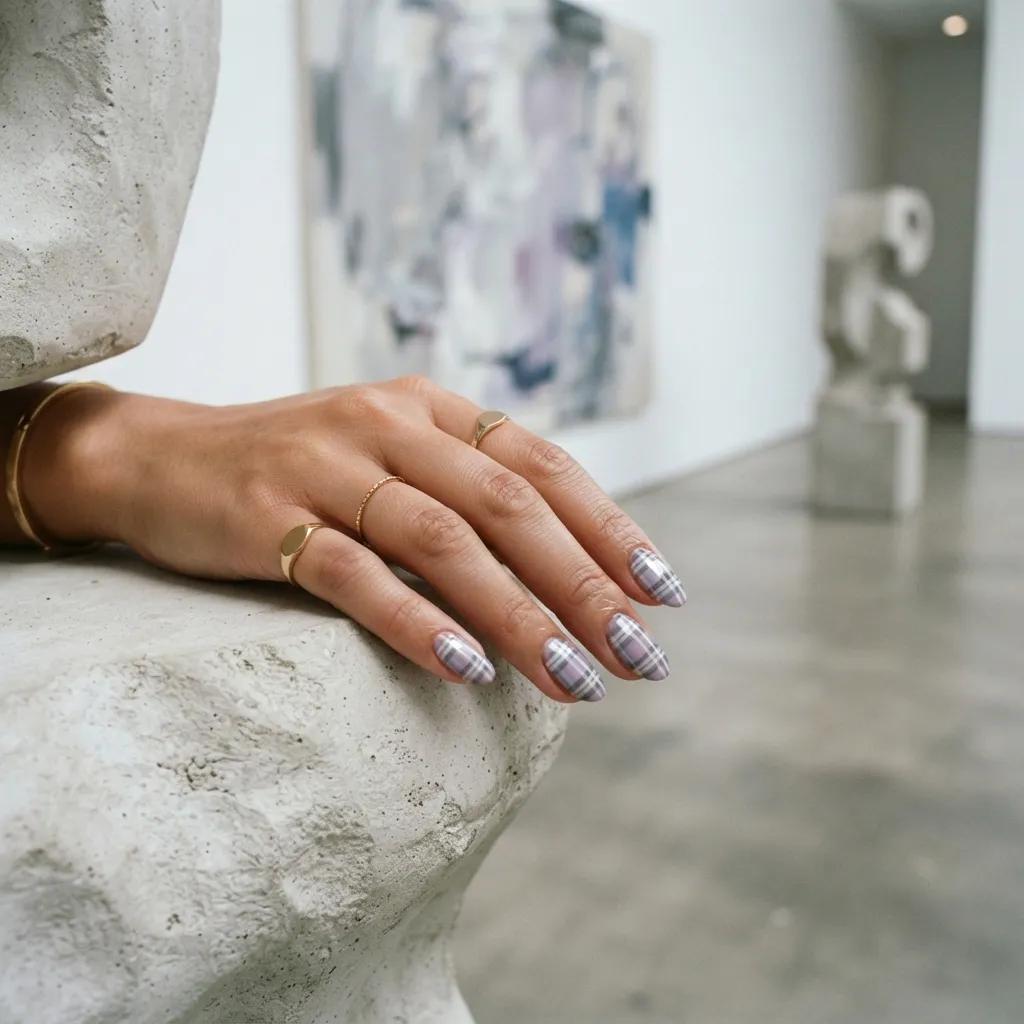 Lavender and Gray Plaid Nails